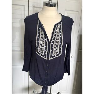 Lucky Brand Navy & White Tie Front Buttoned Top